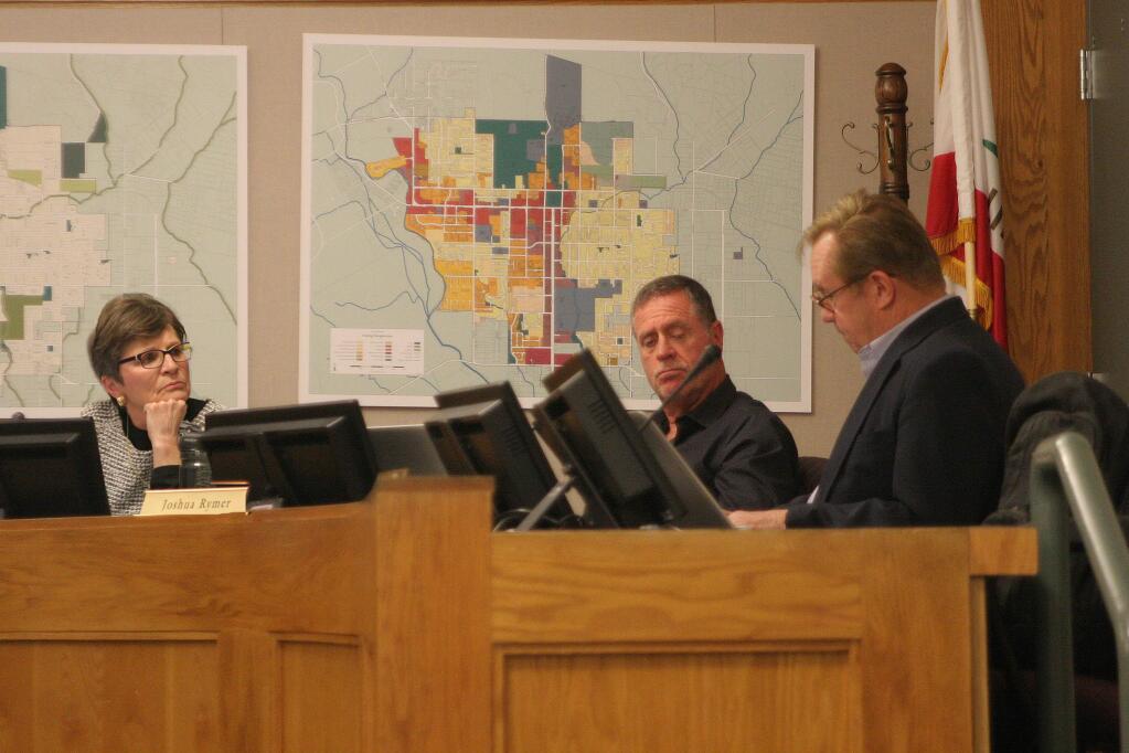 Board members of the Sonoma Valley Health Care District, including Jane Hirsch, Joshua Rymer and Bill Boerum, discuss the fate of the district's South Lot at their Jan. 5, 2017 meeting. (Christian Kallen/Index-Tribune)