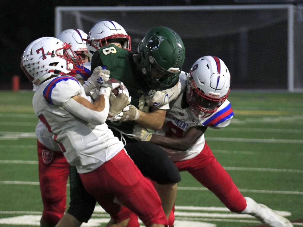Sonoma Valley senior Tate Baker fought for every one of his 100 yards rushing against St. Vincent's grabby defensive line in the Sept. 17, 2021, Dragon loss at home, 42-0. (Christian Kallen/Sonoma Index-Tribune)
