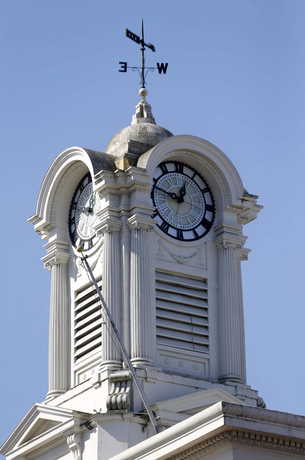 The clock tower of the Empire Building at Old Courthouse Square in Santa Rosa, on Thursday, June 30, 2016. (BETH SCHLANKER/ The Press Democrat)