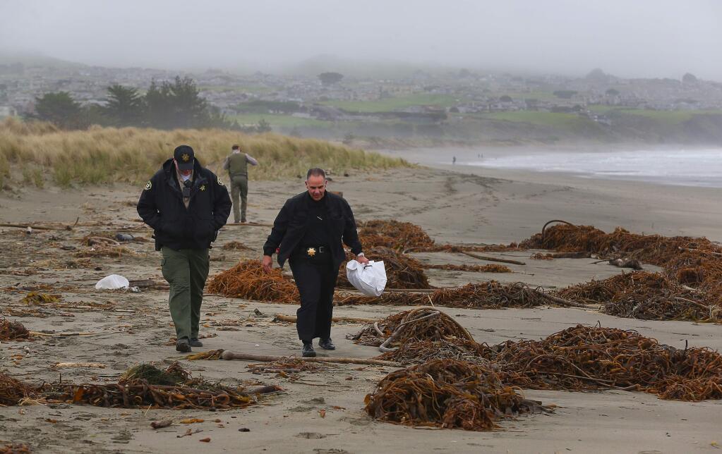 A Sonoma County Sheriff's patrol deputy, left, and coroner walk along the beach at Doran Regional Park after retrieving a foot that washed ashore on Tuesday, February 7, 2017. (Christopher Chung/ The Press Democrat)