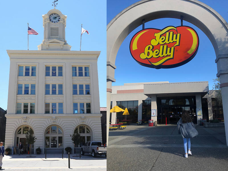 Iconic landmarks in Sonoma and Solano counties are the Empire Building, left, in Santa Rosa’s Courthouse Square and the Jelly Belly factory in Fairfield. (Christopher Chung / The Press Democrat; Portecuaphoto / Shutterstock)