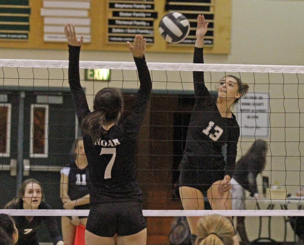Bill Hoban/Index-TribuneSonoma's Gigi Girish powers a spike during Thursday's match against El Molino. The Lady Dragons are at Analy tonight, Tuesday, and finish their SCL schedule Thursday night when they host Healdsburg for senior night.