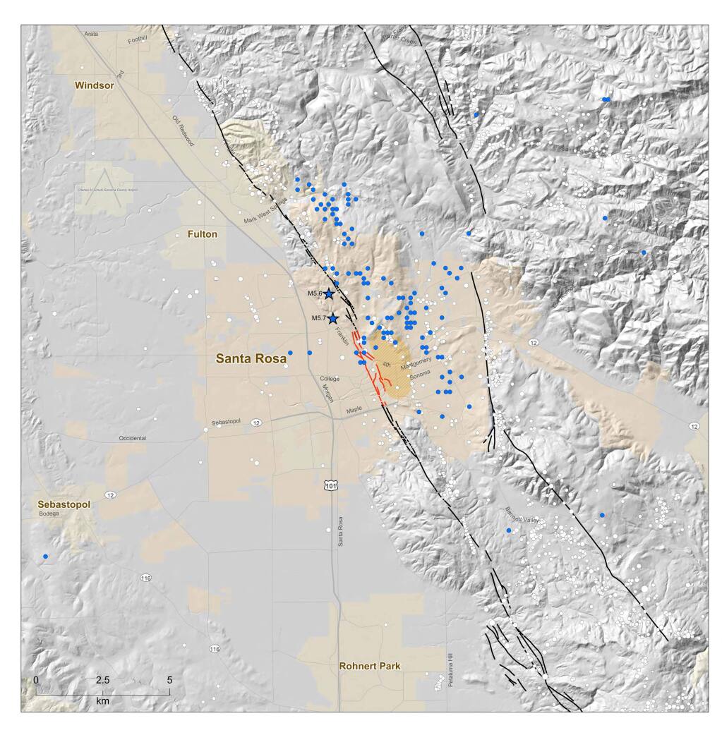 The U.S. Geological Survey released a new map on Monday, April 4, 2016 showing the active surface trace of the Rodgers Creek Fault through Santa Rosa. Active faults are represented by black lines; the detailed rupture pattern of the Rodgers Creek Fault is shown in red. The orange, bean-shaped area represents the dense, magnetic body of rock on the east side of the fault beneath Santa Rosa. This body of rock may be largely responsible for the pattern of surface faulting and may influence the distribution of small earthquakes (white and blue circles, blue for 1969 aftershocks) and the occurrence of the damaging 1969 earthquakes (approximately located by blue stars). (U.S. GEOLOGICAL SURVEY)