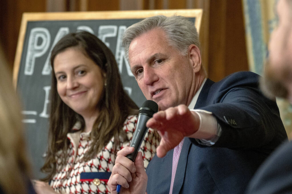 FILE - Speaker of the House Kevin McCarthy, of Calif., right, speaks about the proposed legislation dubbed the "Parents Bill of Rights," Wednesday, March 1, 2023, next to Rep. Elise Stefanik, R-N.Y., on Capitol Hill in Washington. (AP Photo/Jacquelyn Martin, File)