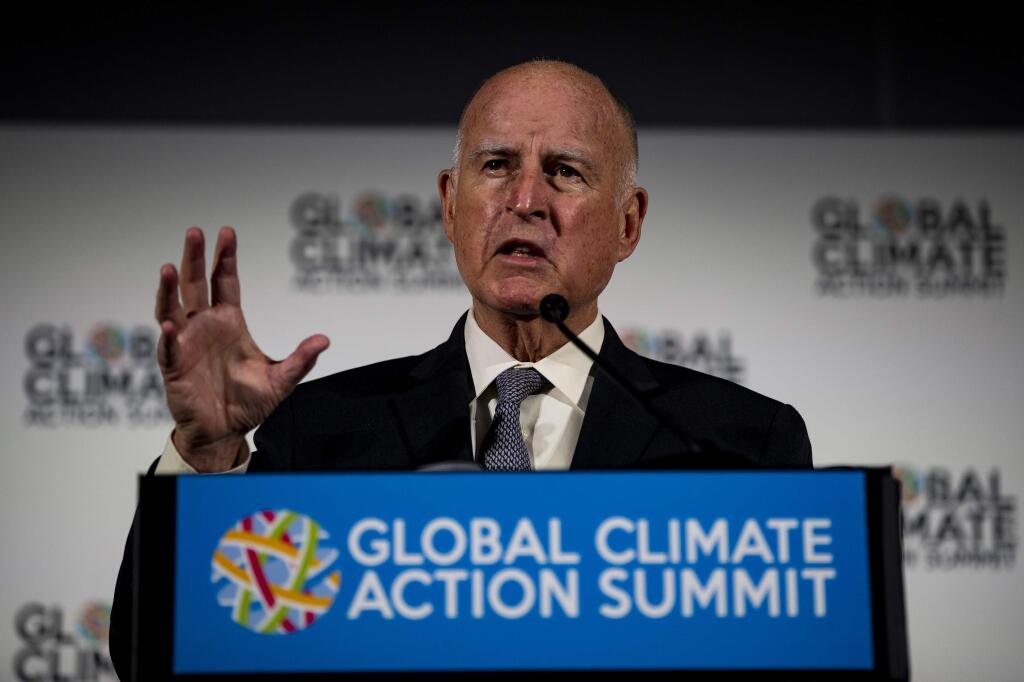 Gov. Jerry Brown speaking at the Global Climate Action Summit in San Francisco last week, where he renewed his call for California to launch a satellite to collect climate data and identify pollution. (GINA FERAZZI / Los Angeles Times)