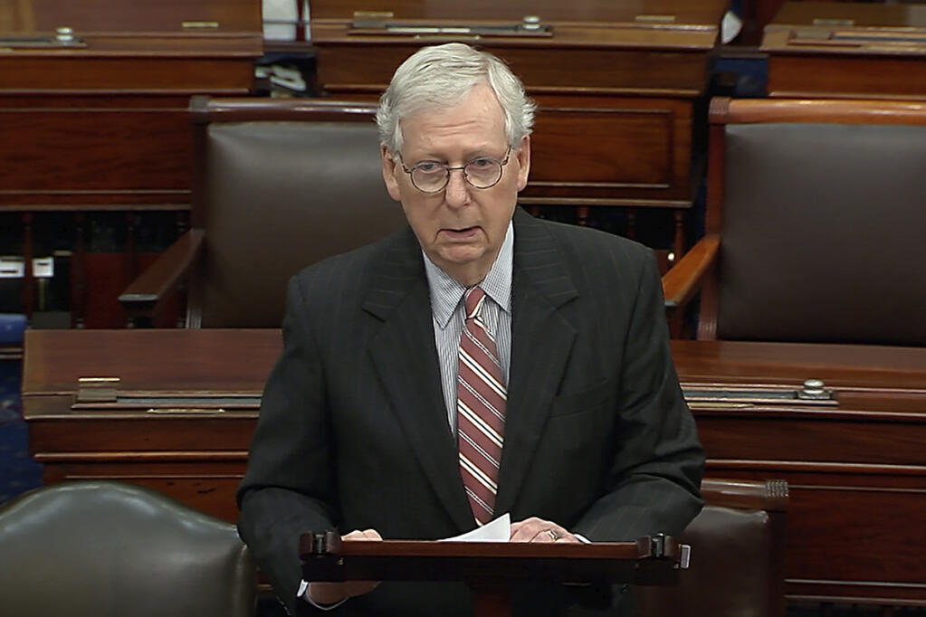 In this image from Senate Television, Senate Minority Leader Mitch McConnell of Kentucky, speaks on the Senate floor, Wednesday, May 25, 2022 at the Capitol in Washington.  Despite mounting mass shootings in communities nationwide — two in the past two weeks alone, including Tuesday in Texas and the racist killing of Black shoppers at a Buffalo, New York, market 10 days earlier — lawmakers have been unwilling to set aside their differences and buck the gun lobby to work out any compromise.  (Senate Television via AP)