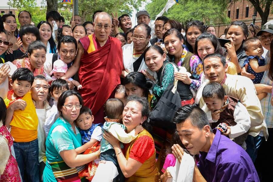 The Dalai Lama with members of the Tibetan community who came to welcome him to Dallas, Texas on July 1, 2015. (Photo:Bush Center/dalailama.com)