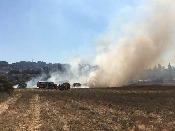 Firefighters from the Lakeville Volunteer Fire Department visiting Petaluma reported a fire near the Petaluma River on Friday. (Petaluma Fire Department)