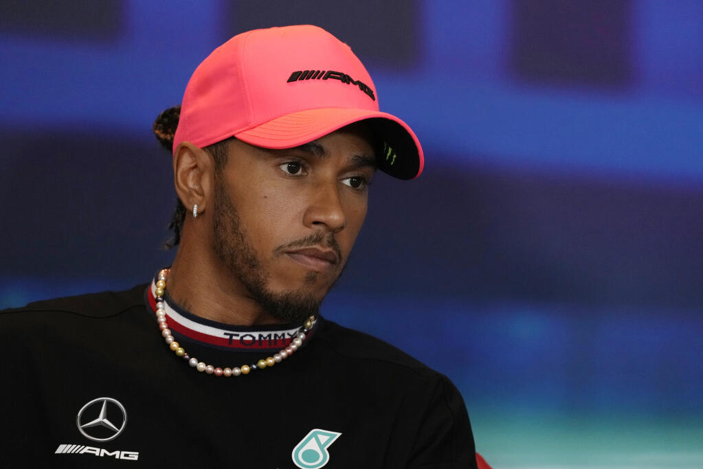 Lewis Hamilton of Great Britain and Mercedes reacts in a press conference during previews ahead of the F1 Grand Prix of Abu Dhabi at Yas Marina Circuit in Abu Dhabi, United Arab Emirates, Thursday, Nov. 17, 2022. The Emirates Formula One Grand Prix will take place on Sunday. (AP Photo/Kamran Jebreili)