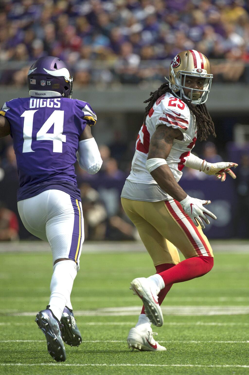 The San Francisco 49ers' Richard Sherman during a game against the Minnesota Vikings on Sunday, Sept. 9, 2018, in Minneapolis. (AP Photo/Craig Lassig)