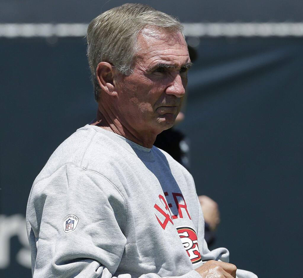 Former NFL coach Mike Shanahan watches during the San Francisco 49ers' organized team activity at its NFL football training facility in Santa Clara, Calif., Wednesday, May 31, 2017. (AP Photo/Jeff Chiu)