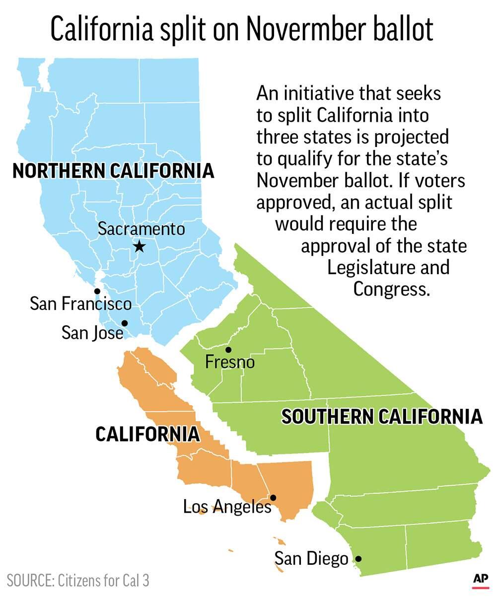 A graphic of the state of California shows the divisions of a proposed initative to split the state into three.