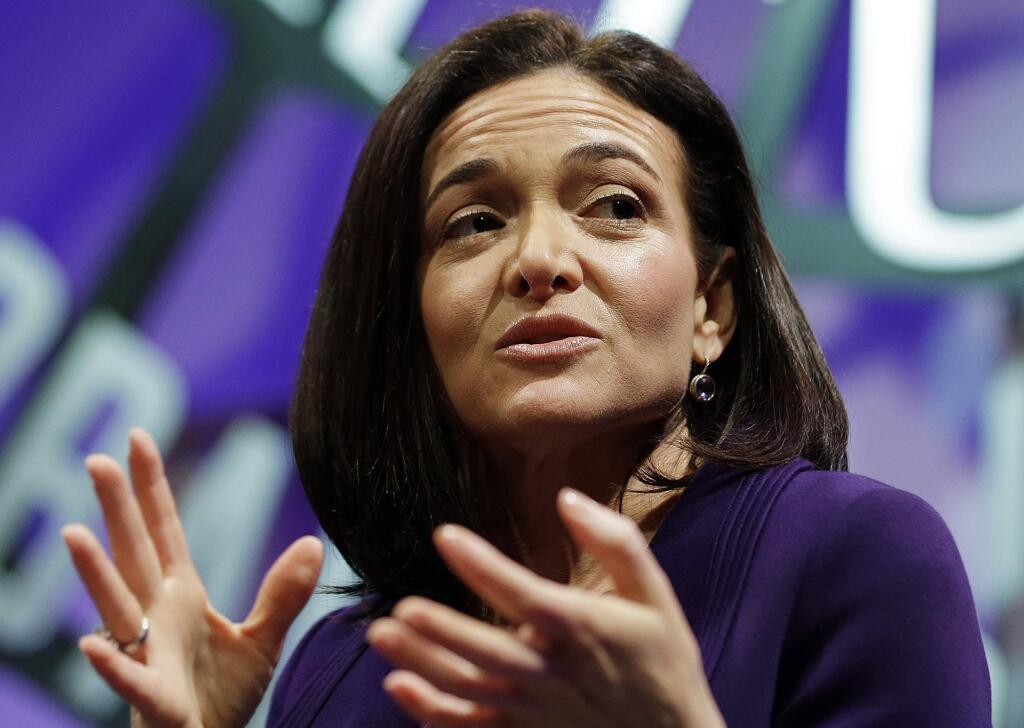FILE - In this Nov. 3, 2015, file photo, Facebook Chief Operating Officer Sheryl Sandberg speaks during a forum in San Francisco. Sandberg encouraged graduating seniors at the University of California, Berkeley to persevere in life's challenging times, speaking publicly for the first time about her husband's death during a commencement speech on Saturday, May 14, 2016. (AP Photo/Eric Risberg, File)