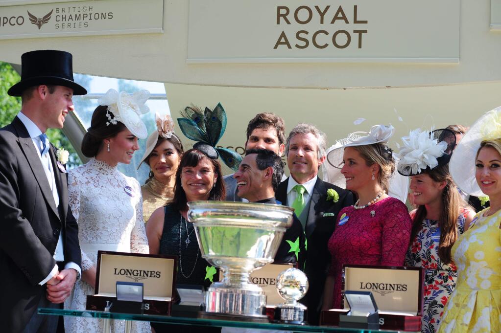 Jackson Family Wines chairman Barbara Banke, daughter Julia Jackson, son Christopher Jackson and his wife Ariel Jackson, along with winning jockey John Velazquez, trainer Wesley Ward and more, were presented the King's Stand Stakes trophy by Prince William and Kate Middleton, Duke and Duchess of Cambridge on June 20, 2017, in Ascot, England, after American filly Lady Aurelia won at Royal Ascot for the second straight year. Bred in Kentucky by Stonestreet Stables, Lady Aurelia is owned by the Jackson family of Stonestreet Stables, George Bolton and Peter Leidel. ( JACKSON FAMILY WINES )