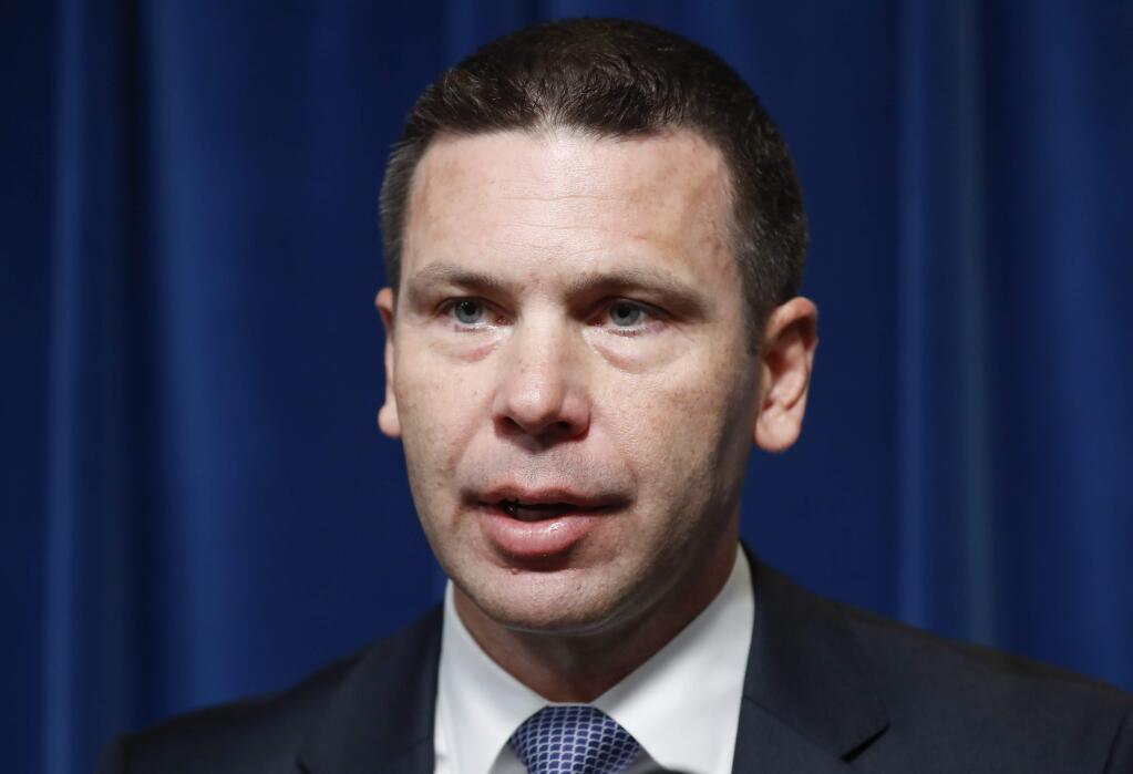 FILE - In this Sept. 20, 2019, file photo, Acting Secretary of Homeland Security Kevin McAleenan speaks during a news conference at the U.S. Customs and Border Protection headquarters in Washington. President Donald Trump announced Oct. 11, 2019. that McAleenan is stepping down. (AP Photo/Pablo Martinez Monsivais, File)