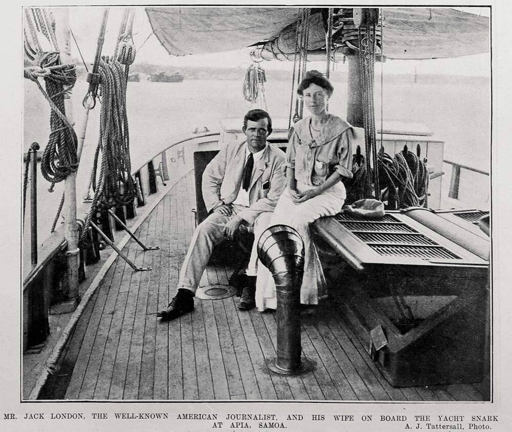 A New Zealand newspaper photographer captured 'the well-known American journalist' and his wife Charmian, docked near Samoa.