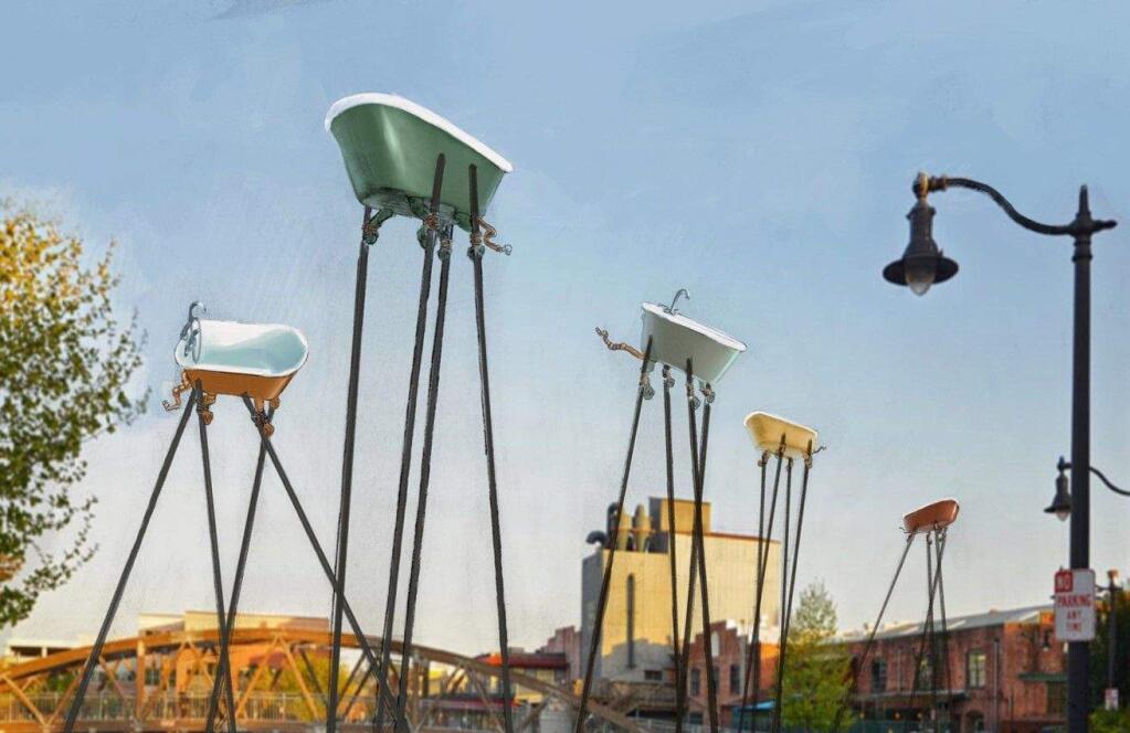 An artist's rendering shows what Brian Goggin's 'Fine Balance' installation might look like on Water Street in Petaluma. (COURTESY OF BRIAN GOGGIN)