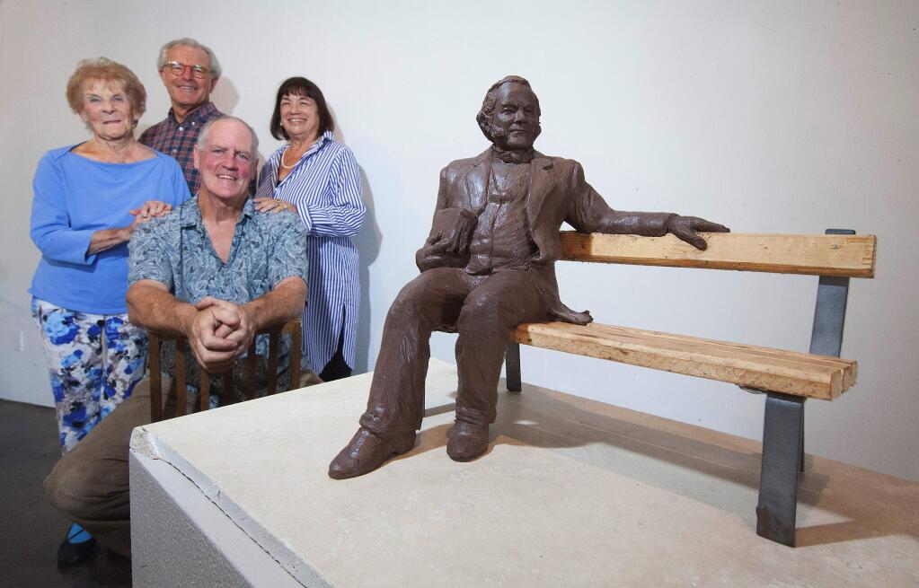 Robbi Pengelly/Index-TribuneAmong the planners for the monument to Gen. Mariano Vallejo are, from left, Sheila Cole, chairman; Michael Ross, architect; Jim Callahan, artist; Martha Vallejo McGettigan, descendent, historian with a maquette of the seated Vallejo sculpture.