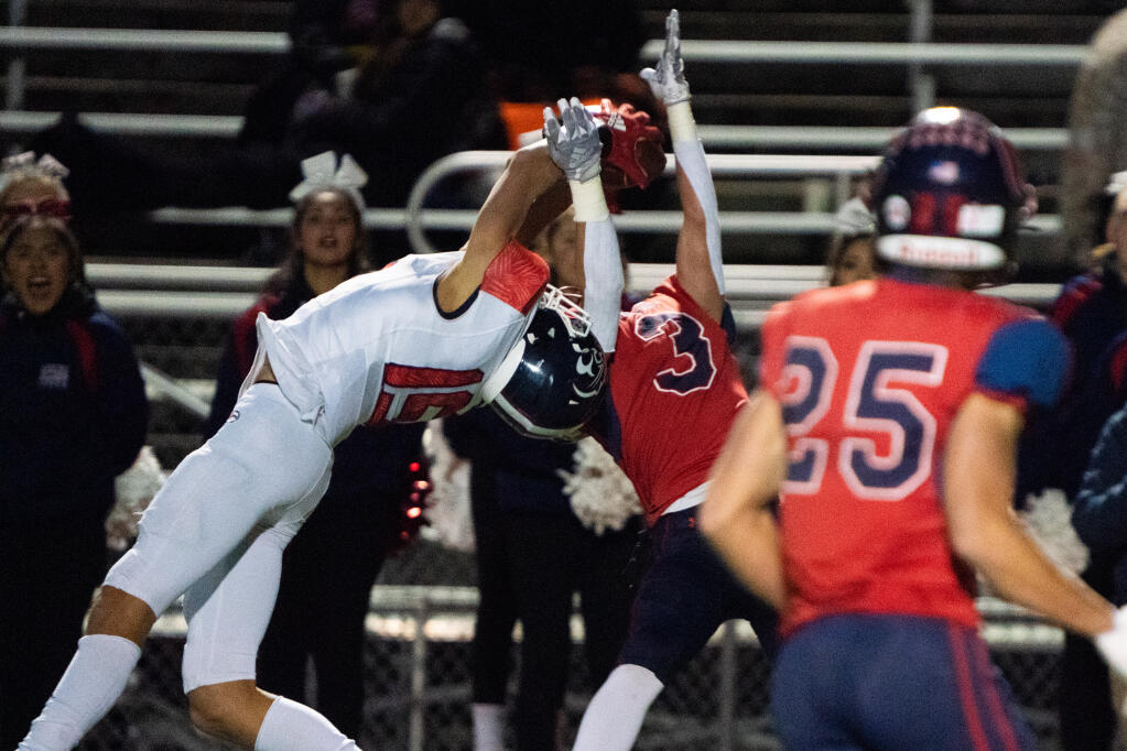 Rancho Cotate wide receiver Dylan Gagnon catches a wild pass for a crucial first down late in the fourth quarter against Campolindo High on Friday, Nov. 18, 2022 in Moraga. (Nicholas Vides / For The Press Democrat)