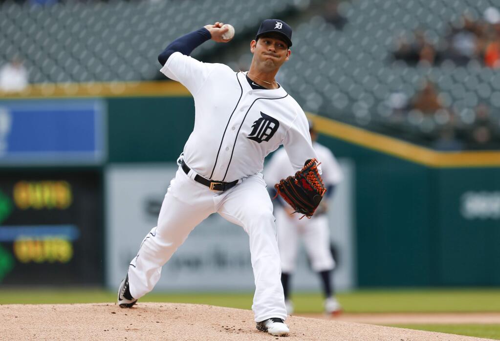Detroit Tigers pitcher Anibal Sanchez throws against the Oakland Athletics in the first inning of a baseball game in Detroit, Thursday, April 28, 2016. (AP Photo/Paul Sancya)
