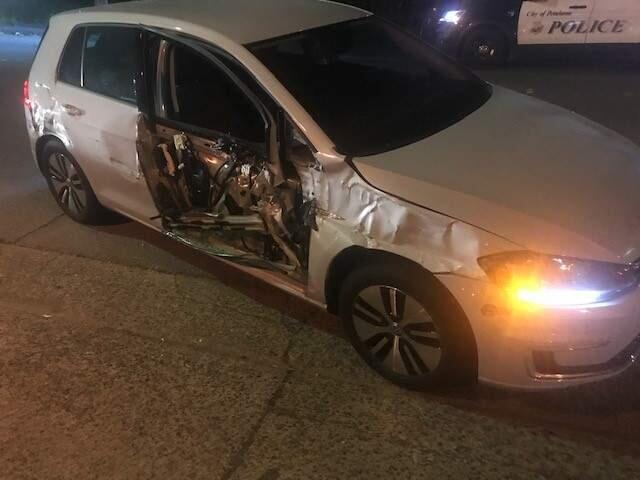 A 2019 Volkswagen Golf is damaged after it hit a freight train in Petaluma on April 9. PETALUMA POLICE DEPARTMENT