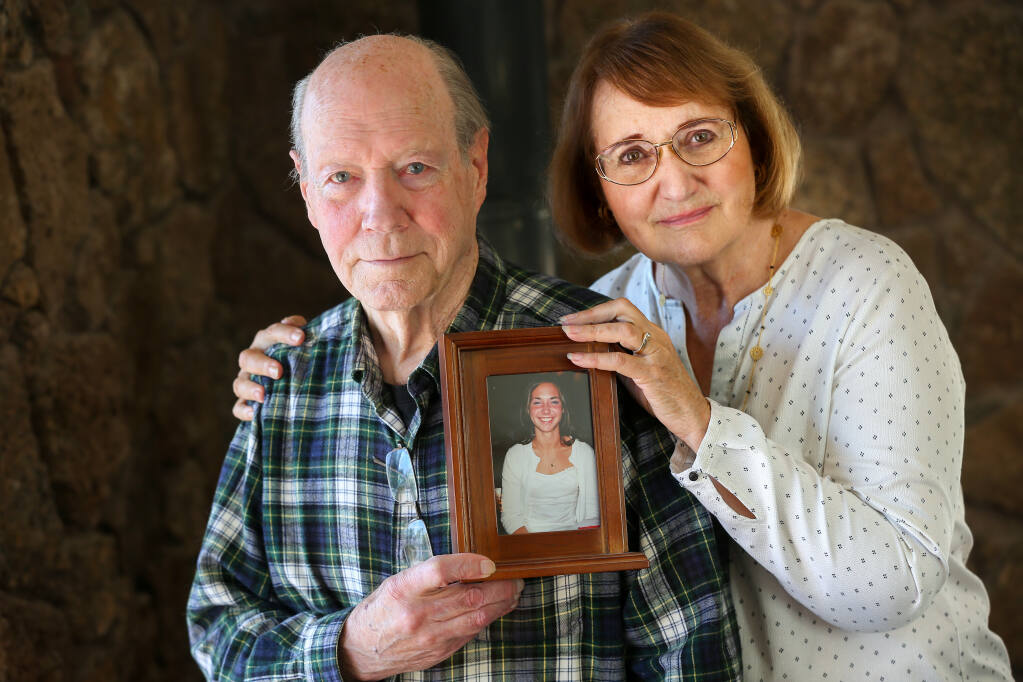 Walt and Sandra Bodley of Sebastopol hold a photo of their 20-year-old niece Deora Bodley, who died on Flight 93 on September 11, 2001. (Christopher Chung/ The Press Democrat)