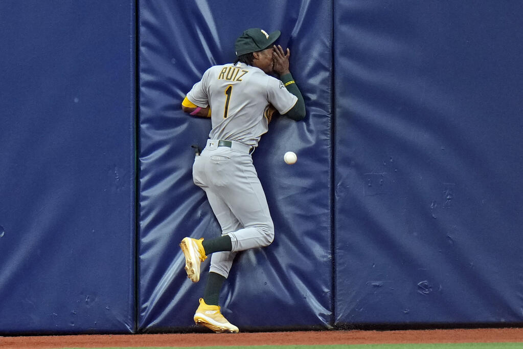 Oakland Athletics center fielder Esteury Ruiz (1) crashes into the wall attempting to catch a double by Tampa Bay Rays' Christian Bethancourt during the seventh inning of a baseball game Sunday, April 9, 2023, in St. Petersburg, Fla. (AP Photo/Chris O'Meara)