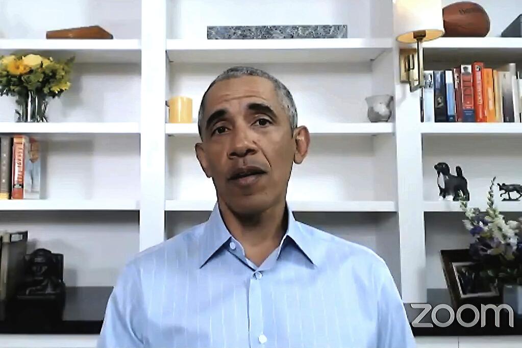 In this image from video provided by My Brother's Keeper Alliance and The Obama Foundation, former President Barack Obama speaks Wednesday, June 3, 2020, during virtual town hall event with young people to discuss policing and the civil unrest that has followed the killing of George Floyd by police in Minneapolis. (My Brother's Keeper Alliance and The Obama Foundation via AP)