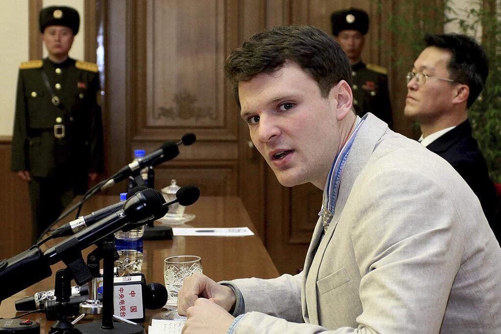 FILE - In this Feb. 29, 2016, file photo, American student Otto Warmbier speaks as he is presented to reporters in Pyongyang, North Korea. Warmbier, an American college student who was released by North Korea in a coma last week after almost a year and a half in captivity, died Monday, June 19, his family said. (AP Photo/Kim Kwang Hyon, File)