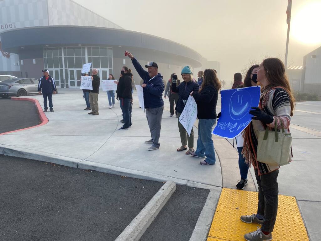 Teachers were welcomed back to Rancho Cotate High School in Rohnert Park after a weeklong strike on Friday, March 18, 2022. (Kent Porter / The Press Democrat)