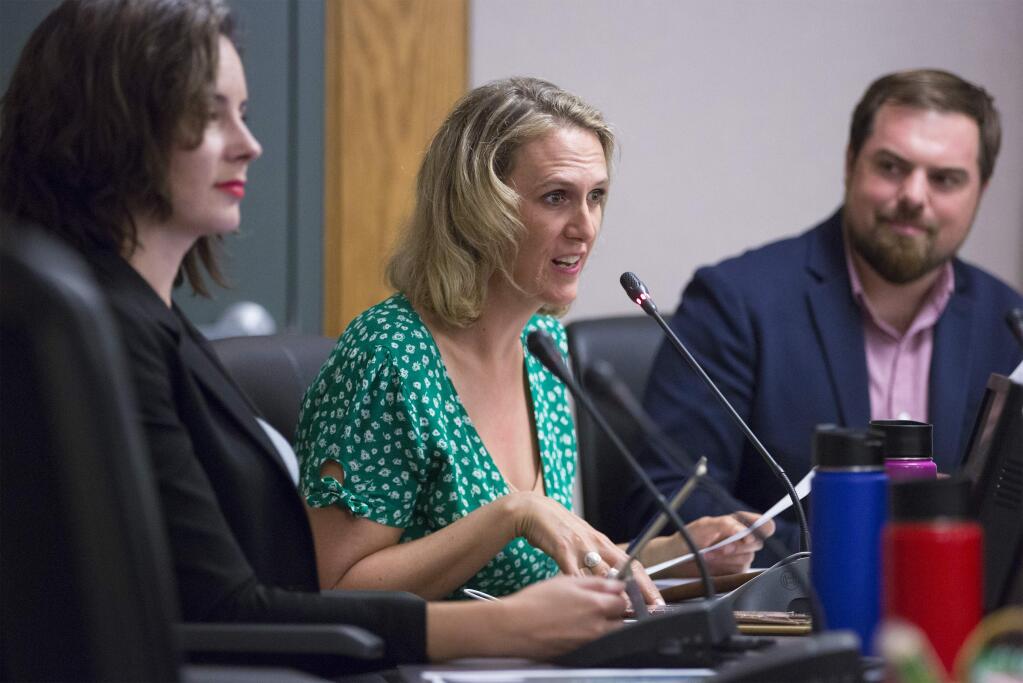 City Council members, from left, Rachel Hundley, Amy Harrington and Logan Harvey at a meeting in 2019. At the Nov. 17 council meeting, Harvey used the word ’interesting’ four times to describe Hundley’s newfound opposition to allowing two dispensaries. (Photo by Robbi Pengelly/Index-Tribune)