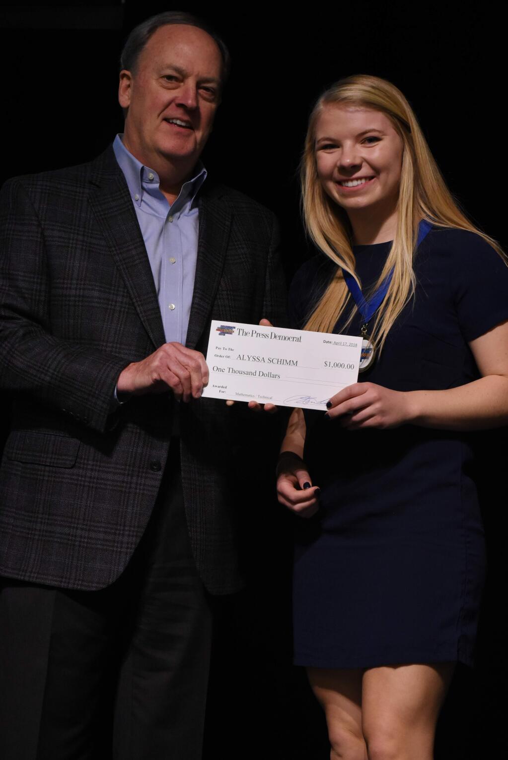 Award winner Alyssa Schimm with Steve Falk CEO of Sonoma Media Investments during The Press Democrat Celebrate Community Youth Service Awards 2018 held Tuesday at Luther Burbank Center for the Arts in Santa Rosa. April 17, 2018.(Photo: Erik Castro/for The Press Democrat)