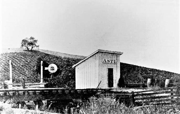 An 1883 photo of the Asti railroad depot. The Northwestern Pacific Railroad brought visitors from near and far to Asti. (SONOMA COUNTY LIBRARY)