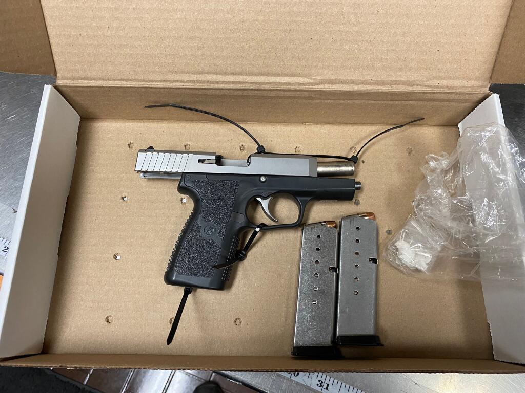 Santa Rosa Police on Friday stopped a man on a motorized scooter after he failed to stop at a posted stop sign, police said. Police said he was carrying a loaded 9 mm handgun and several grams of cocaine. (Santa Rosa Police Department)