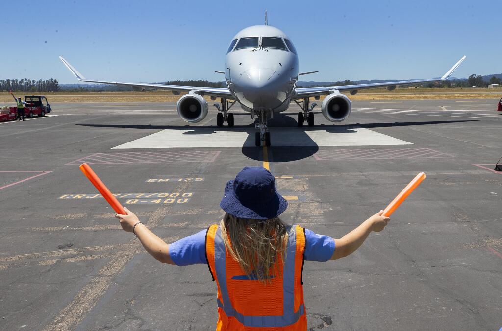 An American Airlines plane arrives at Charles M. Schulz-Sonoma County Airport in Santa Rosa, Wednesday, July 8, 2020.  (John Burgess/The Press Democrat file)