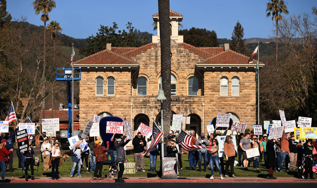 Approximately 200-250 people against COVID-19 vaccines and mandates, join Save Our Sonoma, Sunday, Jan. 30, 2022 at the Sonoma Plaza   (Kent Porter / The Press Democrat) 2022