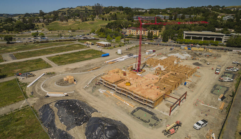 Looking northeast, phase one of Burbank Housing’s affordable senior living development is beginning to take shape on the former Journey’s End trailer park property that was consumed during the Tubbs Fire in 2017. Photo taken May 3, 2022. (Chad Surmick / The Press Democrat)