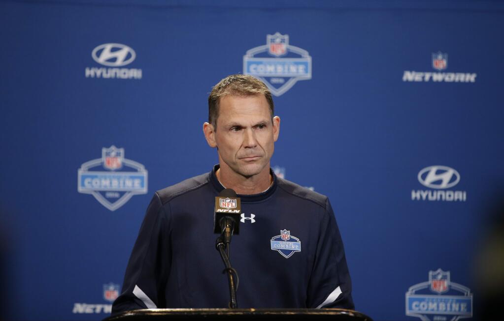 San Francisco 49ers general manager Trent Baalke responds to a question during a news conference at the NFL scouting combine Wednesday, Feb. 24, 2016, in Indianapolis. (AP Photo/Darron Cummings)