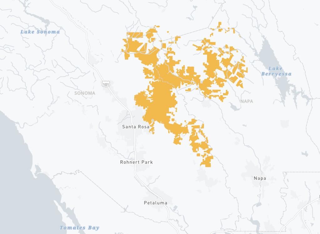 A map showing the boundaries of potential Public Safety Power Shutoffs in the North Bay published online by PG&E on Monday, Sept. 7, 2020. (PG&E)