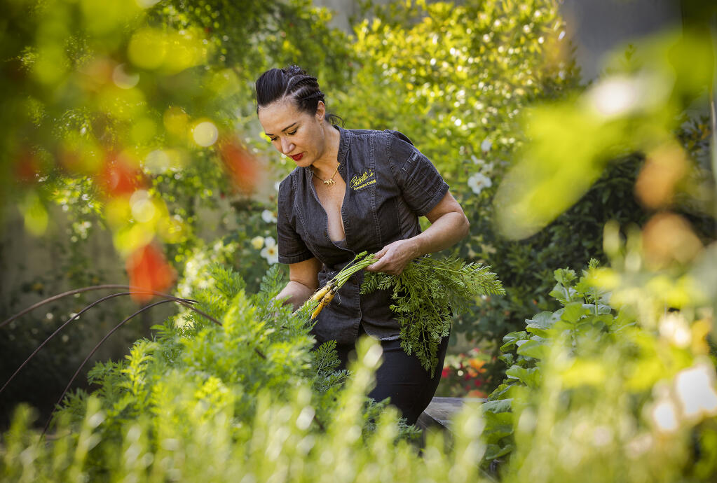 Chef Domenica Catelli will use fresh items from her Geyserville restaurant garden when she cooks with a guest chef, Maneet Chauhan, at the opening reception of the Healdsburg Food & Wine Experience. (John Burgess/The Press Democrat)