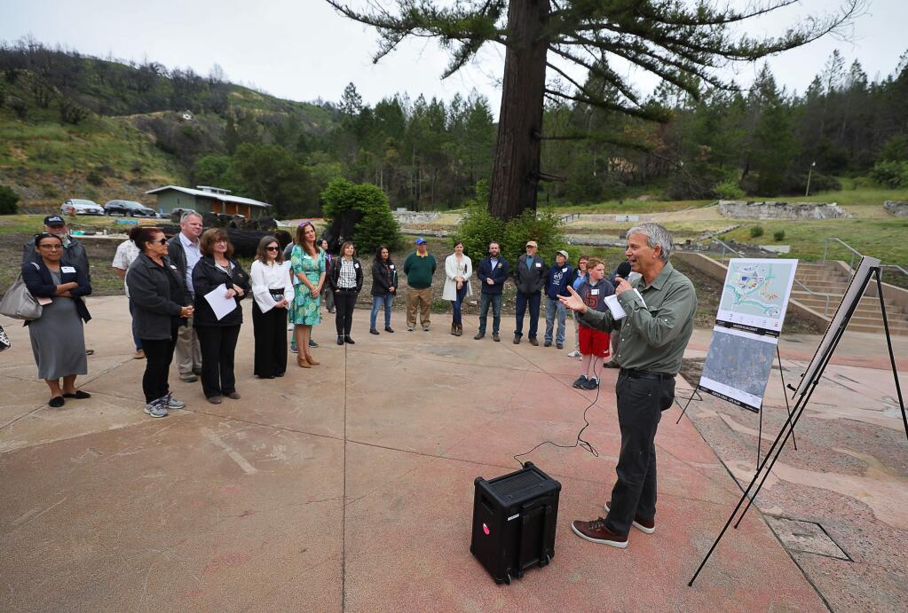 Ruben Arquilevich, executive director of Camp Newman, talks during a gathering to commemorate their rebuilding progress, near Santa Rosa on Thursday, May 9, 2019. (Christopher Chung/ The Press Democrat)