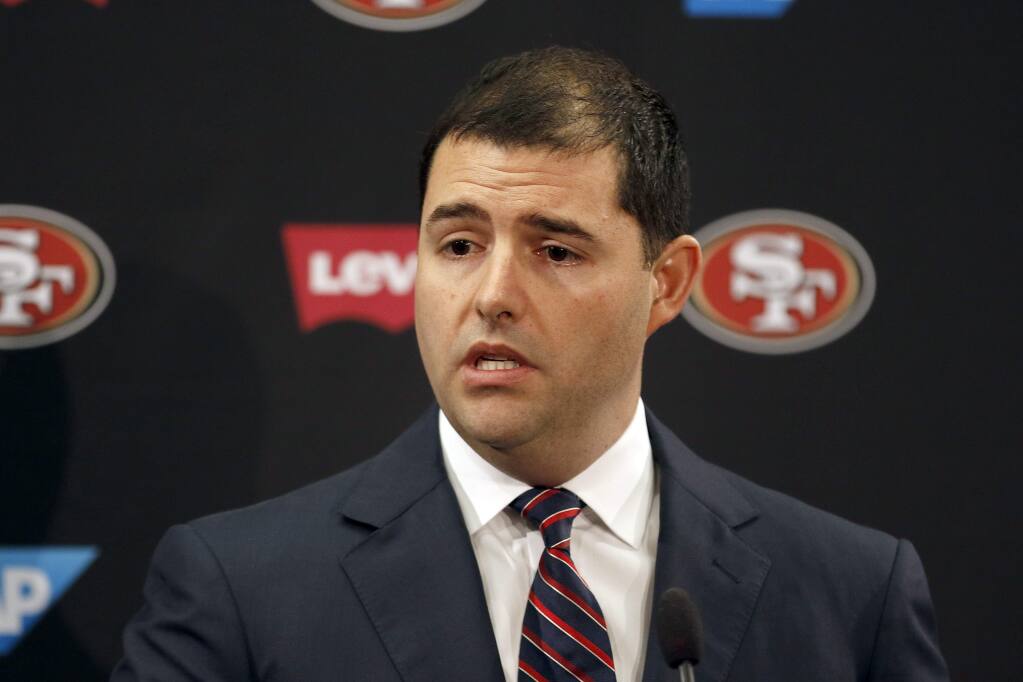 San Francisco 49ers CEO Jed York speaks to reporters during a media conference Monday, Jan. 2, 2017, in Santa Clara, Calif. York answered questions regarding his decision to fire coach Chip Kelly and general manager Trent Baalke. (AP Photo/Tony Avelar)