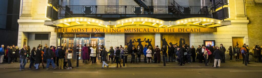 FILE -- The Richard Rodgers Theater, where some people wait overnight for last-minute cancellation tickets to see “Hamilton,” in New York, Jan. 16, 2016. In an effort to limit the practice of paid line-sitters, producers of the hit Broadway show have banned tents and chairs in the cancellation line, and also taken measures to curtail the amount of tickets purchased by resellers like Ticketmaster. (Christian Hansen/The New York Times)
