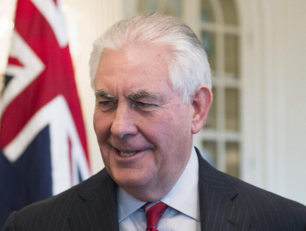 Secretary of State Rex Tillerson is seen at the State Department in Washington, Wednesday, Feb. 22, 2017. President Donald Trump is sending his Tillerson and Homeland Security Secretary John Kelly to Mexico on a fence-mending mission made all the more challenging by the actual fence he wants to build on the southern border. (AP Photo/Molly Riley)