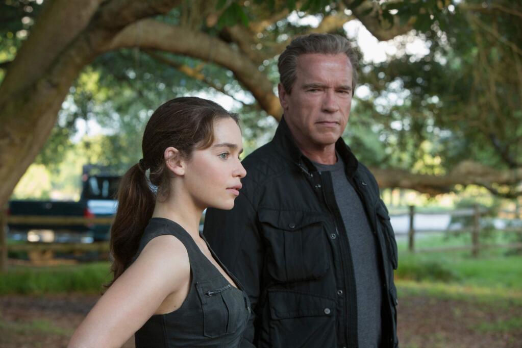 Paramount PicturesEmilia Clarke plays Sarah Connor and Arnold Schwarzenegger pas the Terminator in 'Terminator Genisys,' an alternate timeline sequel.