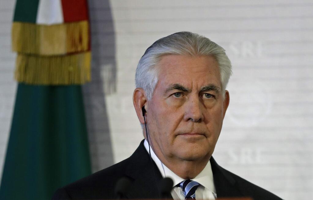 Secretary of State Rex Tillerson listens to Mexico's Foreign Relations Secretary Luis Videgaray during a joint press conference Thursday in Mexico City. (REBECCA BLACKWELL / Associated Press)