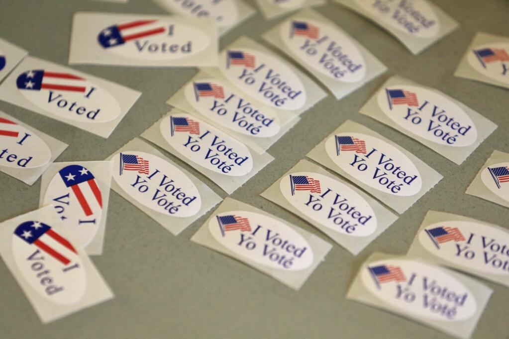 “I Voted” stickers at the polling location on the Sonoma State University campus in Rohnert Park, Tuesday, Nov. 8, 2022. (Beth Schlanker/The Press Democrat)