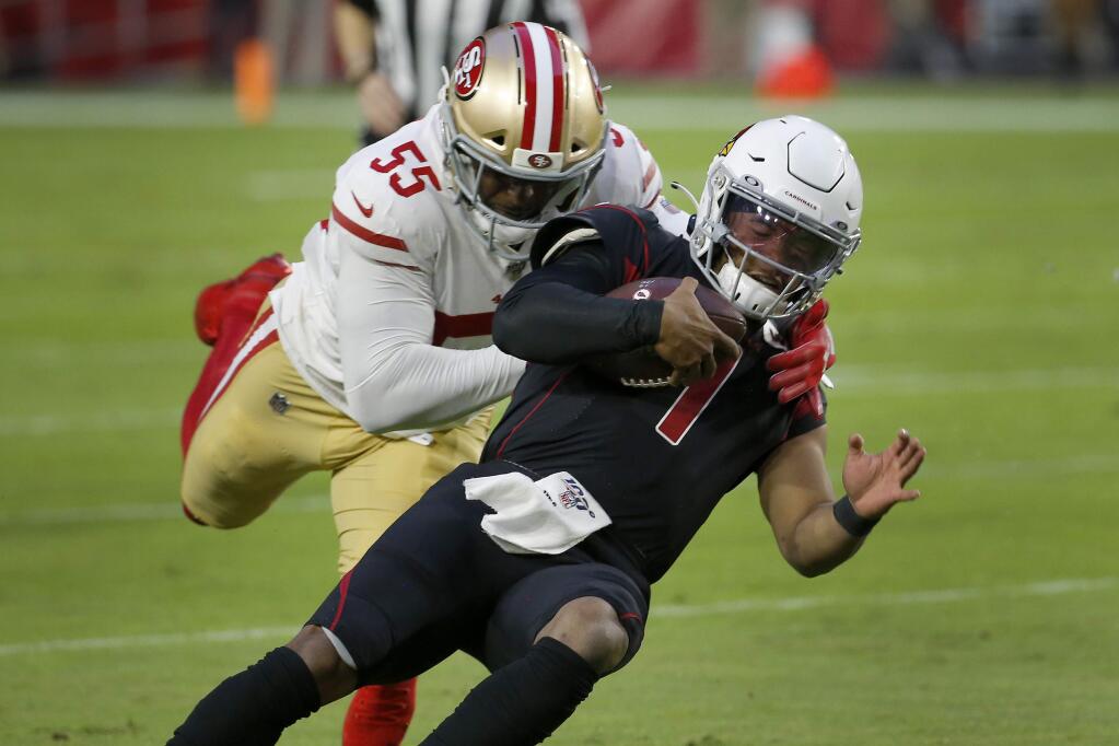 Arizona Cardinals quarterback Kyler Murray is tackled by San Francisco 49ers defensive end Dee Ford during the second half, Thursday, Oct. 31, 2019, in Glendale, Ariz. (AP Photo/Rick Scuteri)