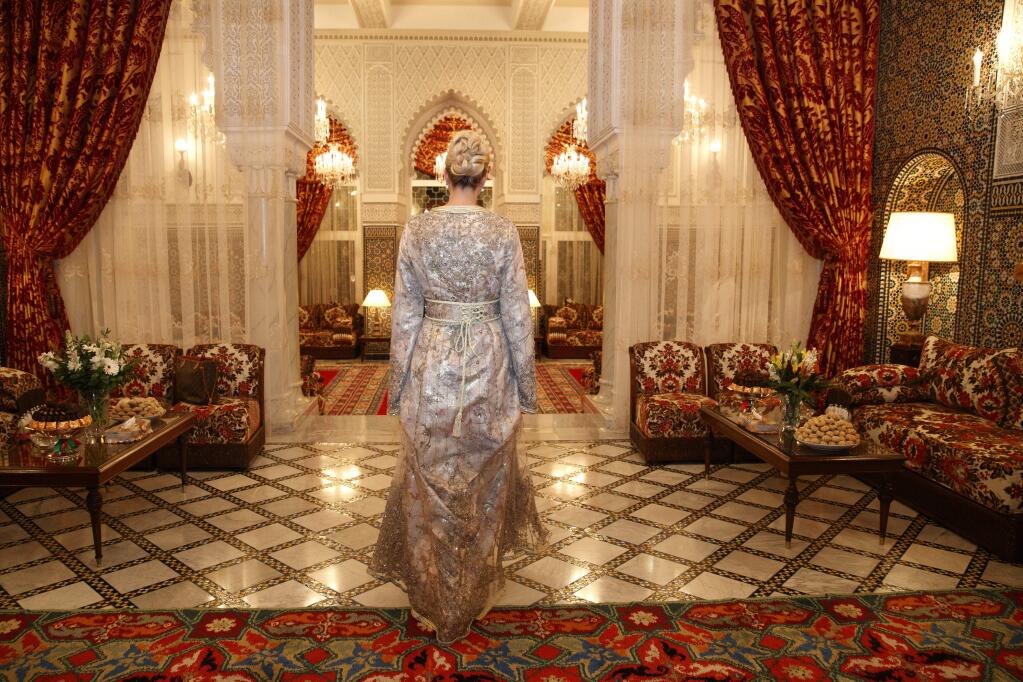 Wearing a Moroccan caftan, Ivanka Trump, the daughter and senior adviser to President Donald Trump, walks to greet Princess Lalla Meryem of Morocco, Thursday, Nov. 7, 2019, before a dinner at the Royal Guest House in Rabat, Morocco. As Trump was staying at the Guest House she greeted the Princess upon arrival before they welcomed guests together. (AP Photo/Jacquelyn Martin)