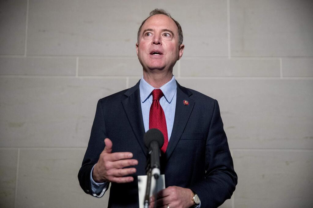 Rep. Adam Schiff, D-Calif., Chairman of the House Intelligence Committee, gives a statement to members of the media on Capitol Hill in Washington, Tuesday, Oct. 8, 2019. The Trump administration barred Gordon Sondland, the U.S. European Union ambassador, from appearing Tuesday before a House panel conducting the impeachment inquiry of President Donald Trump. (AP Photo/Andrew Harnik)